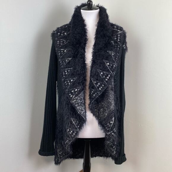 Sioni Black and White Fuzzy Wool Cascading Open Front Cardigan XL - Picture 1 of 8